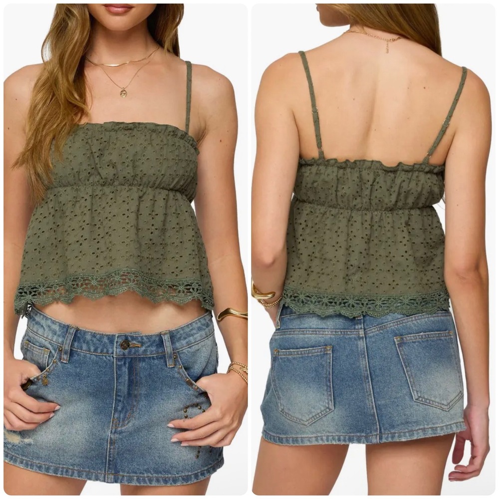 Edikted Womens Olive Green Orian Eyelet Cotton Babydoll Camisole Top Size M